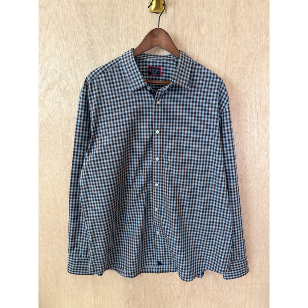 Untuckit Mens XXL Long Sleeve Gingham Button Down Shirt Blue Brown Cotton